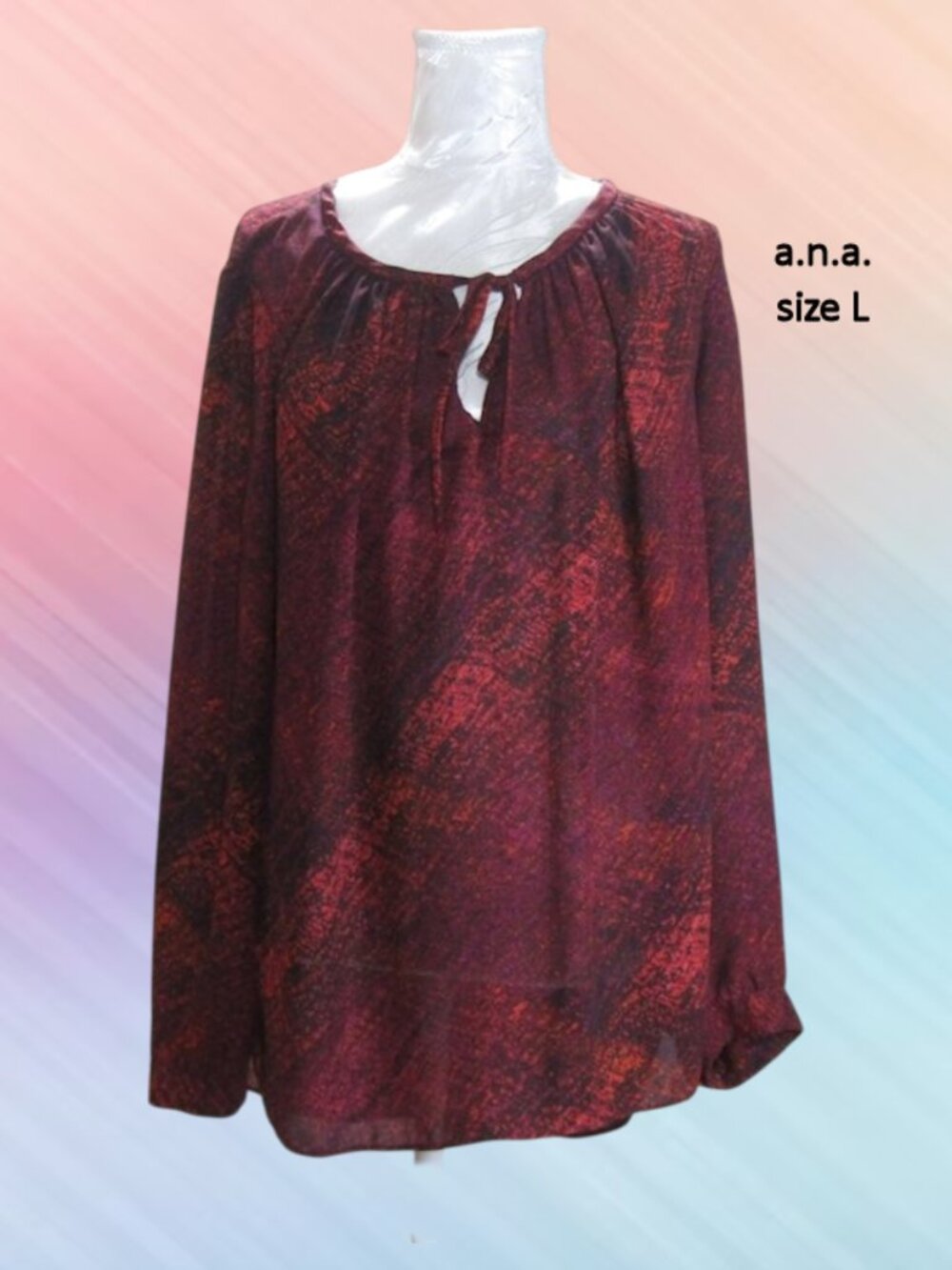 a.n.a size L womens top tunic long sleeves red and black prints